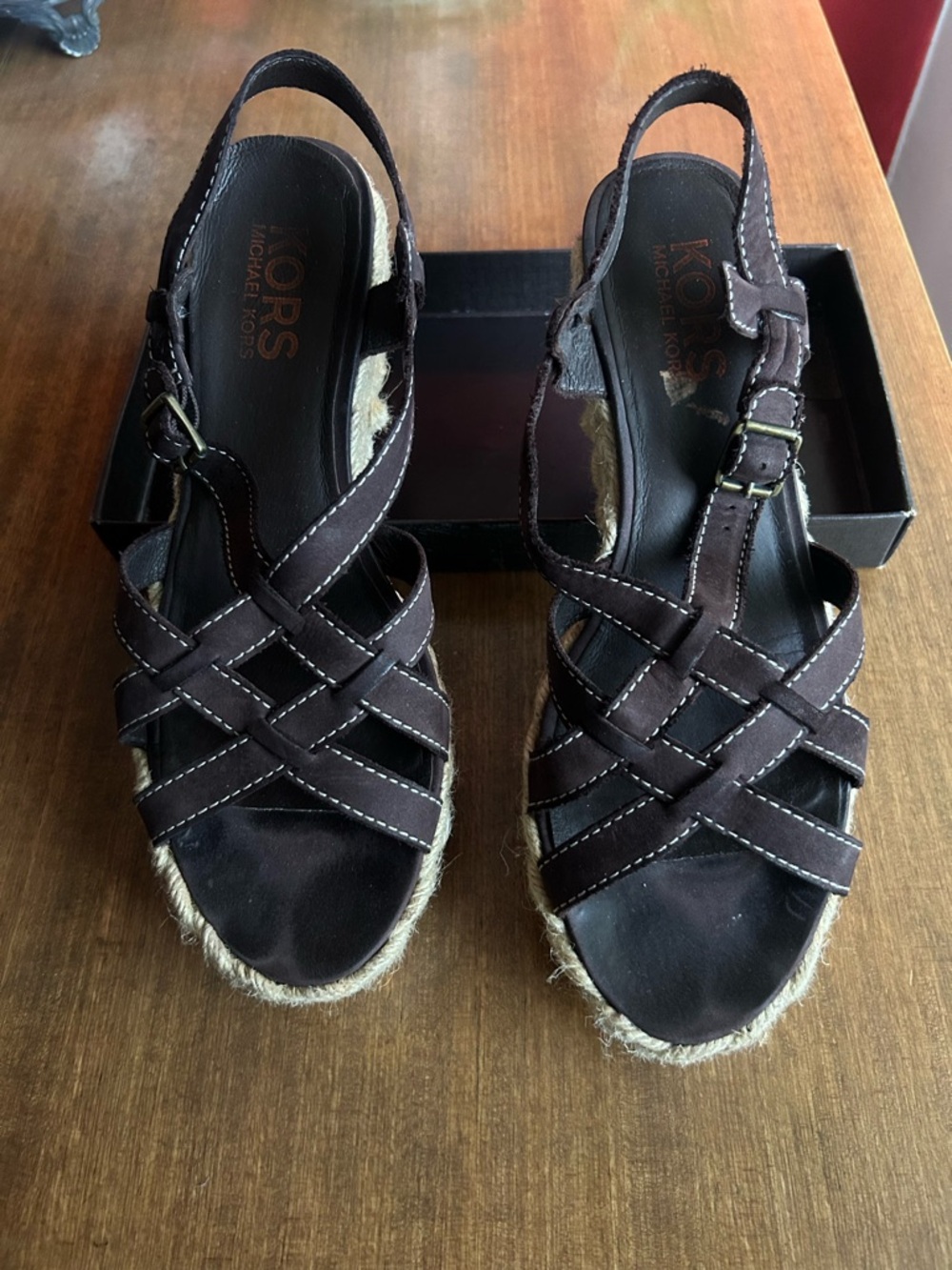 Michael Kors Dark Brown Braided Espadrille Wedge Sandals